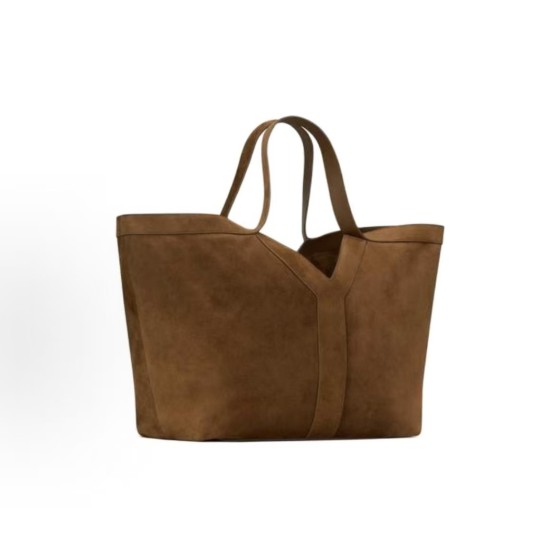 SAINT LAURENT solid color suede, Y logo stitching, bronze trim, Tote bag, shopping bag, handbag, large size for women, deep caramel cognac color